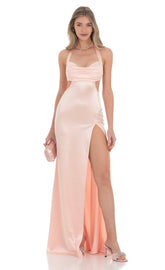 Satin Cutout Maxi Dress in Peach